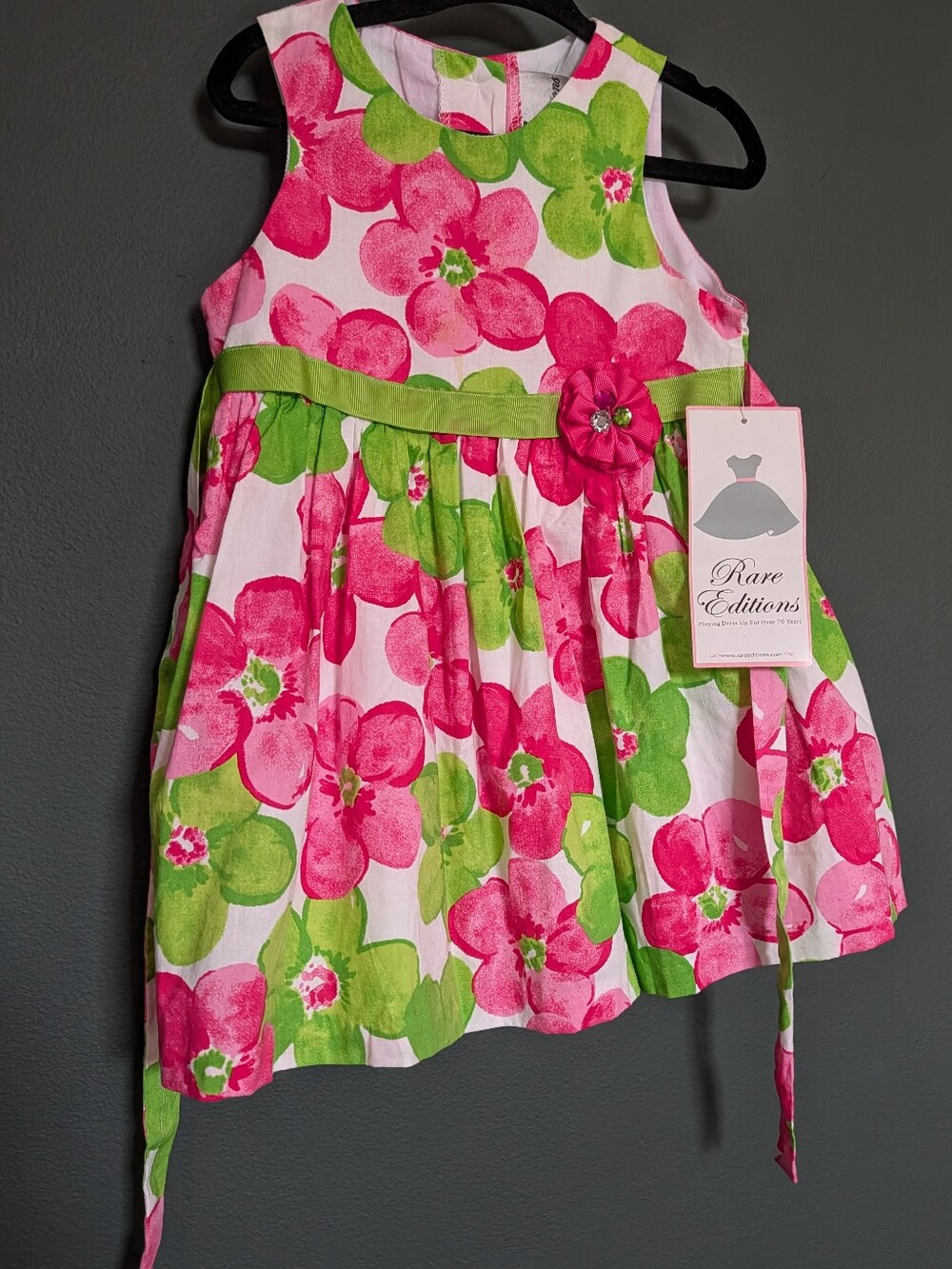 Rare Editions Bright Pink and Green Floral Dress with Waist Sash And Bloomers